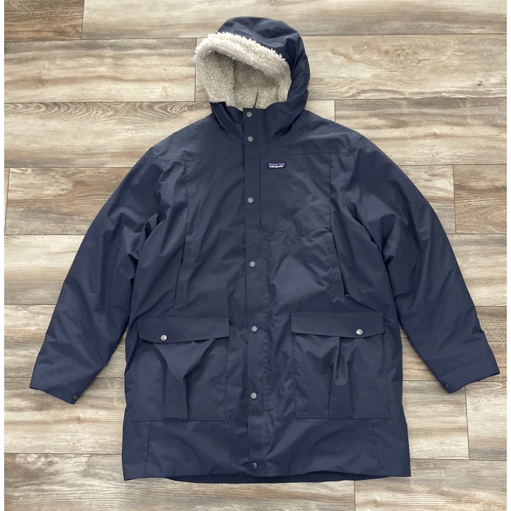 Patagonia Mens XXL Blue Hooded Mid-Length Parka Down Jacket Zip Snap 27865